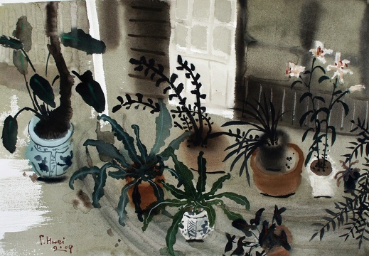 W032 Potted Plants on the Steps in Courtyard